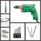 KROST Drill Kit For Home & Professional Which Includes 10Mm Drill Machine + 13Pcs Hss Drill Set For Wood ,Metal & Plastic+ 3Pcs Masonary Set For Concrete & Wall + Safety Goggles + Safety Gloves )(Green)