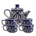India Meets India Ceramic Teapot/Serving Kettle wih 4 Cups Set Handicraft by Awarded Indian Artisan (Blue)