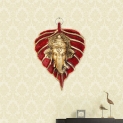 Handicrafts Paradise Metal Wall Hanging Red Leaf Shaped with Ganesha Face Motiff 3.75 X 5 Inch