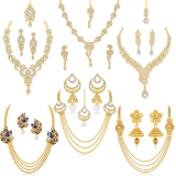 Sukkhi Glorious Pearl Gold Plated Wedding Jewellery Austrian Diamond Peacock Meenakari Set of 6 Necklace Combo for Women