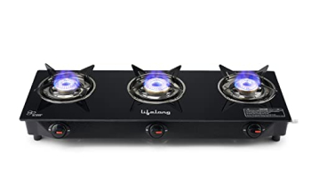 Lifelong Llgs930 Manual Ignition, High Efficiency 3 Burner Gas Stove With Toughened Glass Top, Isi Certified, For Lpg Use (1 Year Warranty, Doorstep Service, Black)
