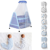 Kiddery Polkamania | Baby Cradle With Mosquito Net With 4 Wash Clothes + 2 100% Cotton Muslin Wraps (Clouds & Checks) | New Born Baby Set | Blue