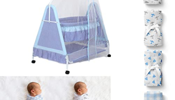 Kiddery Polkamania | Baby Cradle With Mosquito Net With 4 Wash Clothes + 2 100% Cotton Muslin Wraps (Clouds & Checks) | New Born Baby Set | Blue