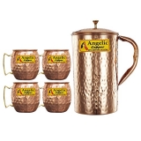 Angelic Copper Handmade Jug With Cup Set, Set Of 4, Brown