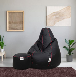 Amazon Brand – Solimo Leatherette 2Xl Bean Bag With Footrest, Ready To Use, Filled With Beans (Black With Pink Piping)