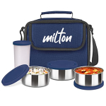 Milton New Steel Combi Lunch Box, 3 Stainless Steel Containers And 1 Plastic Tumbler With Jacket, Set Of 4, Blue | Food Grade | Light Weight | Dishwasher Safe | Easy To Carry | Leak Proof