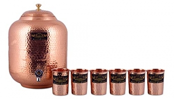 Crockery Wala And Company Jointless Pure Copper Water Dispenser/Matka 4 L And 6 Glass