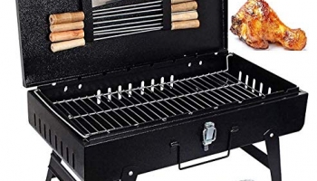 Mazoria Big Size Foldable Charcoal Barbeque Grill Set Tandoor For Home Bbq Griller With 8 Skewers, 1 Grill, 1 Glove, 1 Tong & 1 Butter Brush