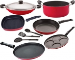 Nirlon Nonstick Cookware Set Standard, Dishwasher Safe, 9-Pieces, Red [Ft13_Tp_Ac_Gp(22.5)_Cass20_Up4_3Spn]