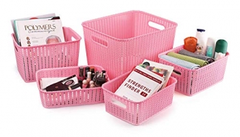Cello Style Knit Basket Without Lid, Set Of 5, Pink,Plastic