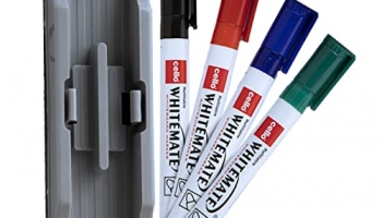 Cello Whitemate Whiteboard Markers & Duster | Set Of 4 Pens & 1 Duster | Whiteboard Markers With Easily Erasable Ink | Refillable Whiteboard Markers | School & Office Stationery Items