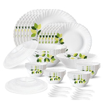 Larah By Borosil Green Leaves Silk Series Opalware Dinner Set, 35 Pieces, White