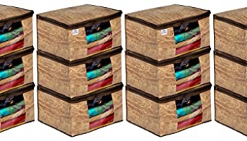 Heart Home Wooden Print 12 Piece Non Woven Fabric Saree Cover/Clothes Organiser For Wardrobe Set With Transparent Window, Extra Large (Brown)