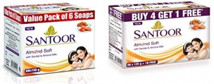 Santoor Sandal & Almond Milk Soap, 150 G (Pack Of 6) And Santoor Sandal & Almond Milk Soap (Buy 4 Get 1 Free 125G Each)