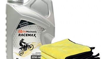Gomechanic Racemax 4T 20W40 (900Ml) Synthetic Motor Bike Engine Oil With 850 Gsm Microfiber Cleaning Towel For Car & Bike Cleaning, Polishing & Washing (40 Cm X 40 Cm, Multi-Colour, Pack Of 1)