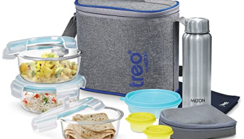 Treo By Milton All Fresh Premier Tiffin Set Of 8 (3 – Containers, 400 Ml Each; 1 – Steel Bottle, 750 Ml; 2 – Pickle/Chutney Dabba, 30 Ml Each; 1 – Salad/Papad Dabba, 200 Ml; 1 – Dining Mat, Glass)