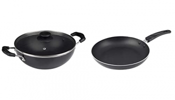 Cresta Aluminium Flat Base Kadai (24Cm, Gas Stove Compatible) Aluminium Fry Pan (24Cm, Gas Stove Compatible), Sparkle Black