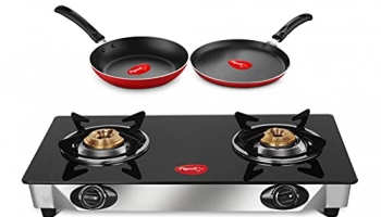 Pigeon By Stovekraft 2 Burner Glass Cook Top Gas Stove, Tawa With Stainless Steel Body And Nonstick Fry Pan Cookware Combo (Black, 240Mm, 250Mm, 14722)