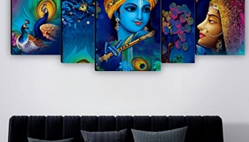 Saf Set Of 5 Radha Krishna With Couple Peacock Uv Textured Home Decorative Gift Item Mdf Panel Painting 18 Inch X 42 Inch Sanfpnl31211