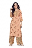 Fashion Dream Women’S Rayon Slub Printed Readymade Kurta Palazzo Set(Peach_Xs)