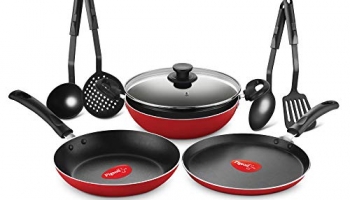 Pigeon Mio Nonstick Aluminium Cookware Gift Set, Includes Nonstick Flat Tawa, Nonstick Fry Pan, Kitchen Tool Set, Nonstick Kadai With Glass Lid, 8 Pieces Kitchen Set (Red)