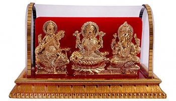 International Gift Metal Lord Ganesh And Maa Lakshmi, Sarswati Idol 12 Cm Golden, 1 Piece