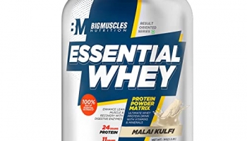 Bigmuscles Nutrition Essential Whey Protein Pack Of 1Kg Powder[Malai Kulfi] | 24G Protein/Serving With Digestive Enzymes, Vitamin & Minerals, No Added Sugar |Faster Recovery & Muscle Building