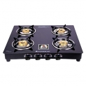 Wonderchef Power 4 Burner Toughened Glass Ms Cooktop Gas Stove, Stainless Steel Drip Tray, Tri-Pin, Anti-Skid Legs, Large Pan Supports, Manual Ignition, Black