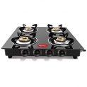 Pigeon By Stovekraft Aster 4 High Powered Brass Burner Gas Stove, Cooktop With Glass Top And Stainless Steel Body, Manual Ignition (Black)