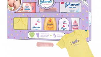 Johnson’S Baby Care Collection With Organic Cotton Baby Romper (8 Gift Items, Purple)