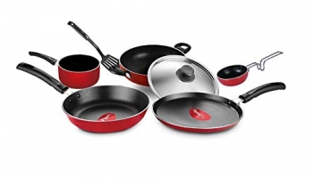 Pigeon Nonstick Cookware Set Of 7 Piece, Includes Nonstick Tawa 23 Cm, Nonstick Fry Pan 24 Cm, Nonstick Kadai With Stainless Steel Lid 24 Cm, And Nonstick Sauce Pan (Red)