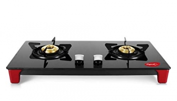 Pigeon Infinity Gas Cooktop With Glass Top And Stainless Steel Body 2 Burner Gas Stove, Manual Ignition, Black