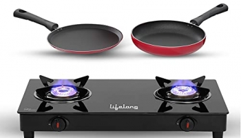 Lifelong Llcmbgs912 High Efficiency 2 Burner Auto Ignition Glass Top Gas Stove For Lpg Use With Dosa Tawa And Fry Pan Combo (Black)