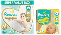Pampers Premium Care Pants, Medium Size Baby Diapers (Md), 162 Count, Softest Ever Pampers Pants & Pampers Active Baby Diapers, New Born, Extra Small, (Nb, Xs) Size, 24 Count, Taped Style Diaper