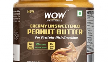 Wow Life Science – Peanut Butter Unsweetened (Creamy) – 500 Gm | 100% Natural | High Protein With 30G Protein Per 100G | For Protein Rich Snacking – Weight Management, Muscle Building And Healthy Lifestyle