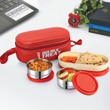 Cello Double Treat Lunch Box With Jacket, 3 Container, (2 Pcs Round Container – 300 Ml, 1 Pc Oval Container), Red