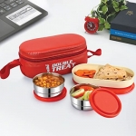 Cello Double Treat Lunch Box With Jacket, 3 Container, (2 Pcs Round Container – 300 Ml, 1 Pc Oval Container), Red
