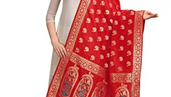 Devangi Women’S Woven Banarasi Silk Zari Dupatta/Chunni, Width 1 Meter, Length 2.5 Meter (Om-Dt-05-Red)