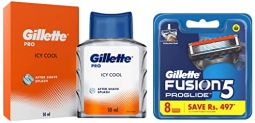 Gillette Flexball Fusion Proglide Blades – 8 Cartridges & Gillette Pro After Shave Splash Icy Cool 50Ml, White