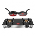 Pigeon By Stovekraft 2 Burner Glass Cook Top Gas Stove, Tawa With Stainless Steel Body And Nonstick Fry Pan Cookware Combo (Black, 240Mm, 250Mm, 14722)